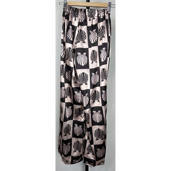 Pajama Pants Hi Waist Wide Leg Cuff Sleepwear Pink Black Seashell PJ Women Small - Picture 2 of 3